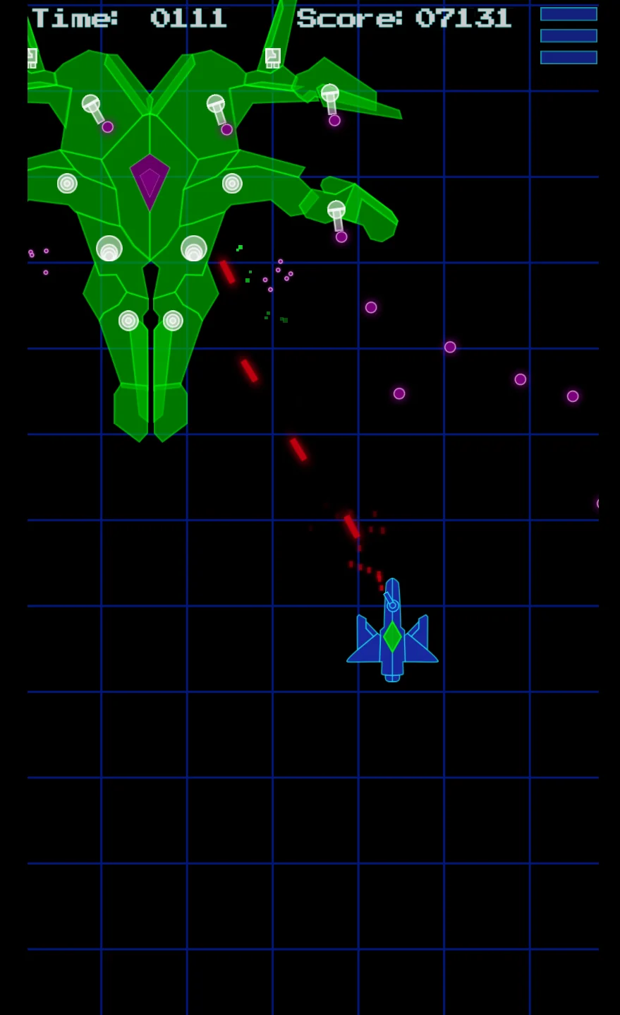 The upper part of the original Endgegner4Ever screenshot, with a green boss firing across a blue grid
