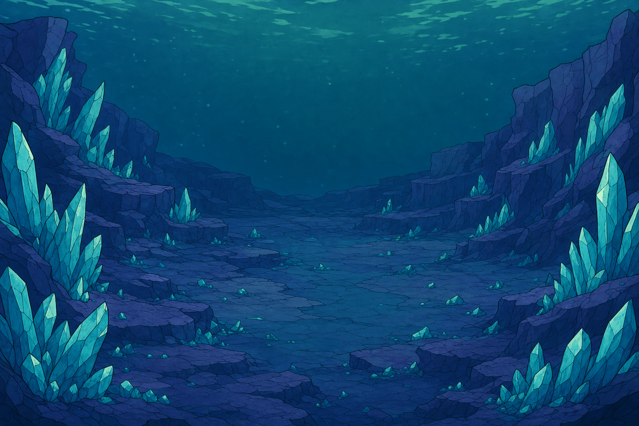 Deep blue water between glowing crystal formations